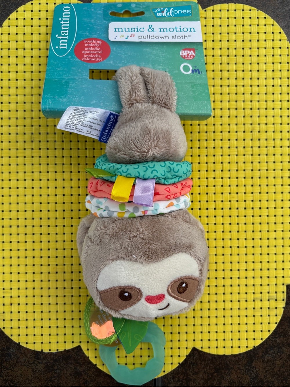 Infantino Music & Motion Pull-down Sloth Plush with Multicolor Fabric Rings, New